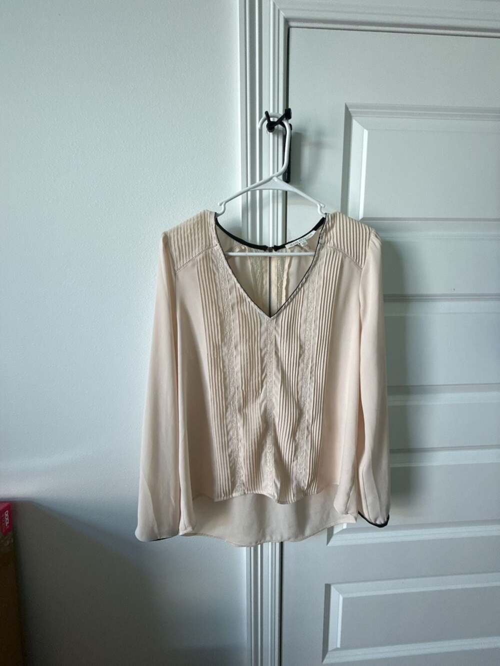 Daniel Rainn Cream V-Neck Long Sleeve Blouse with Pleated and Lace Detail
